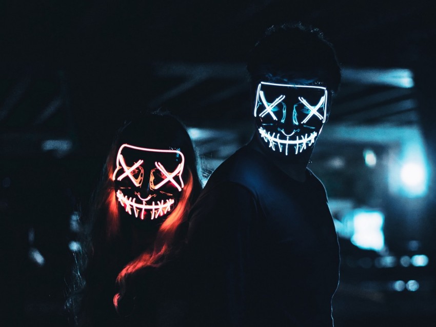 masks, pair, dark, neon, glow