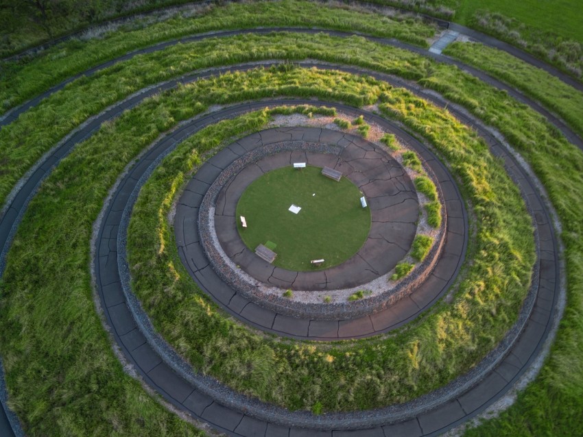 maze, spiral, aerial view, trail, greenery, landscape design