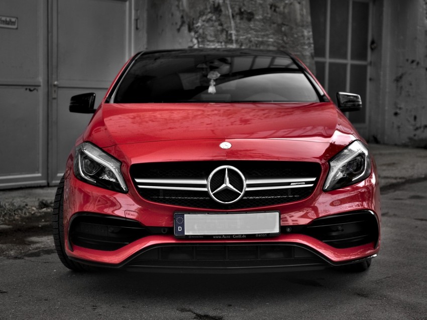 mercedes, car, red, front view, building, gray