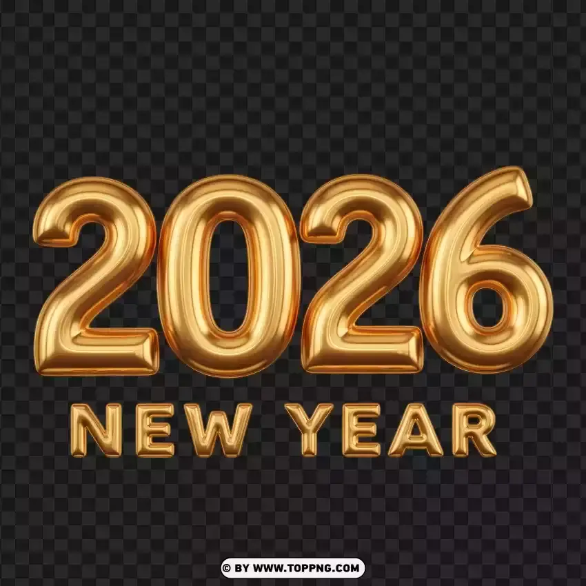 Metallic Inflated Gold 2026 New Year Typography PNG Transparent Background