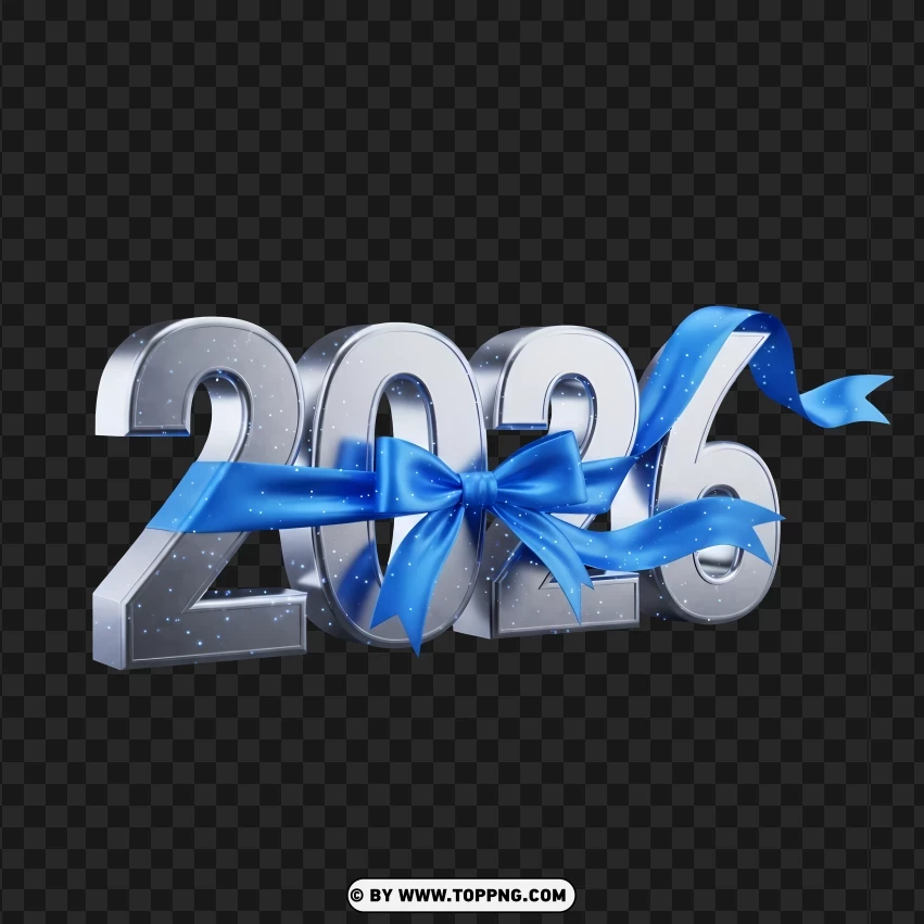 Metallic Silver 3d 2026 With Blue Ribbon Modern Style PNG Transparent Background
