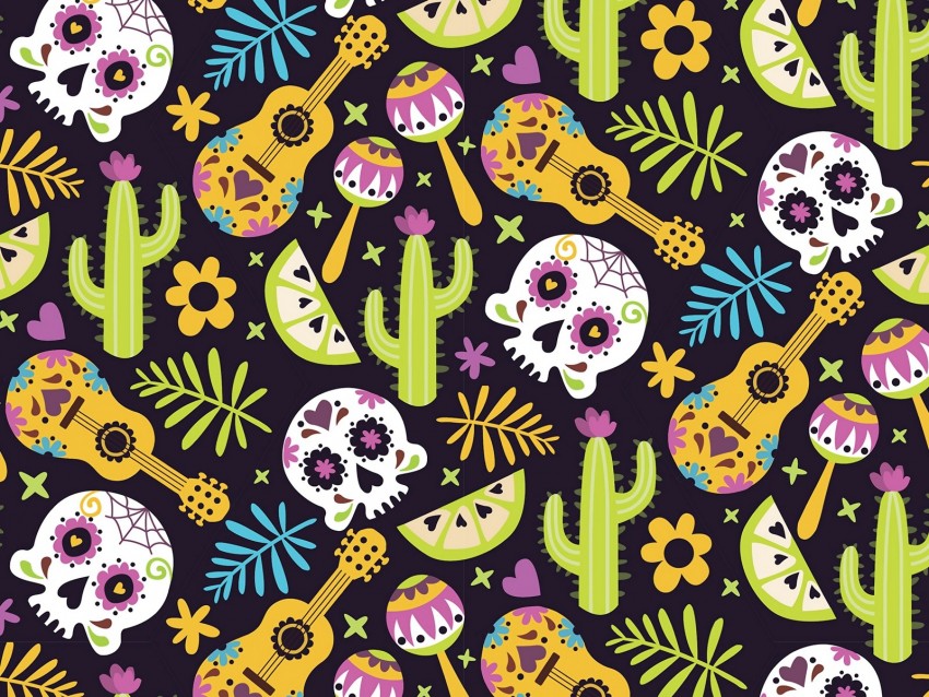 mexico, skull, guitar, cacti, patterns, texture, pattern