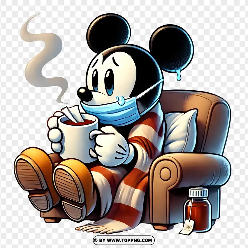 Mickey Mouse Battling A Cold With A Hot Drink And Cozy Blanket PNG Transparent Background