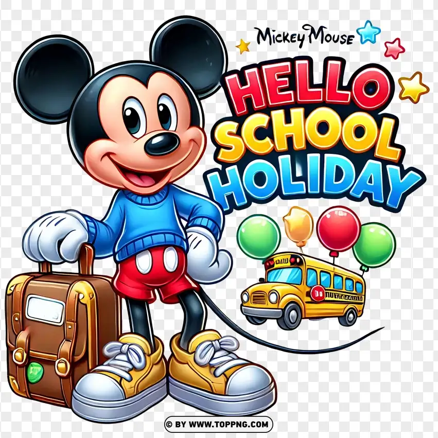 Mickey Mouse Celebrating School Holiday With Suitcase And Balloons PNG Transparent Background