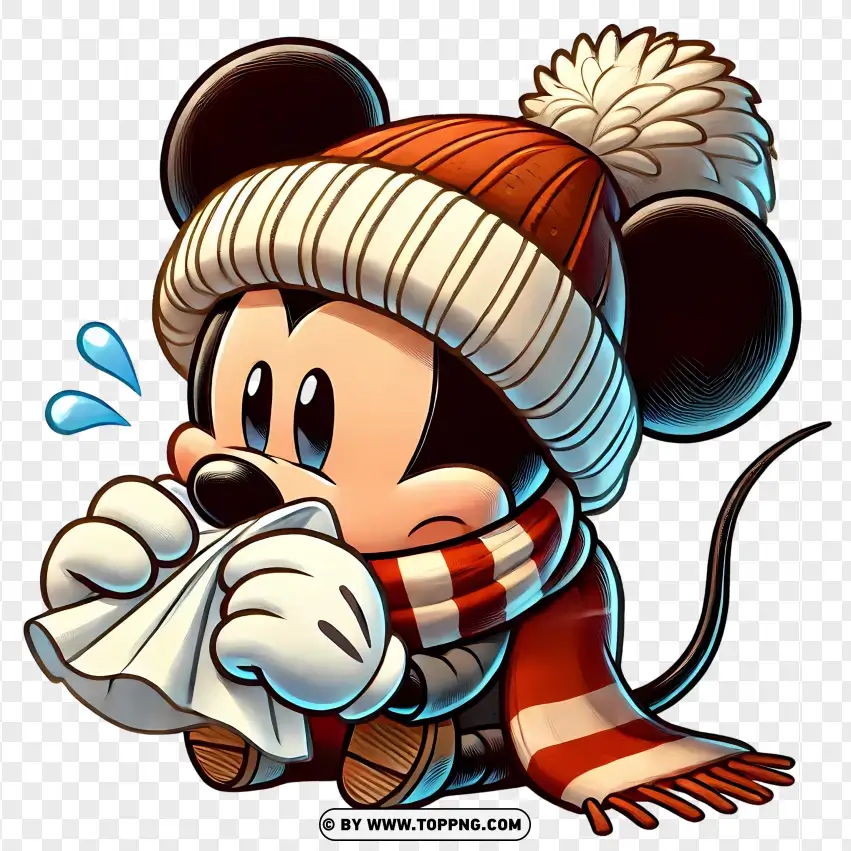 Mickey Mouse Sneezing And Bundled Up In Winter Gear PNG Transparent Background