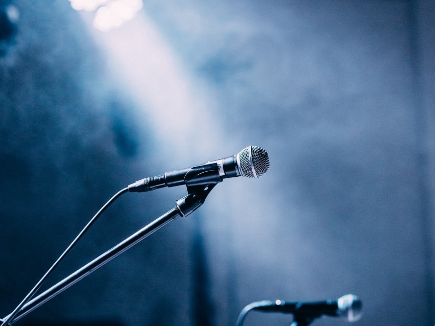 microphones, stage, spotlights, light, fog