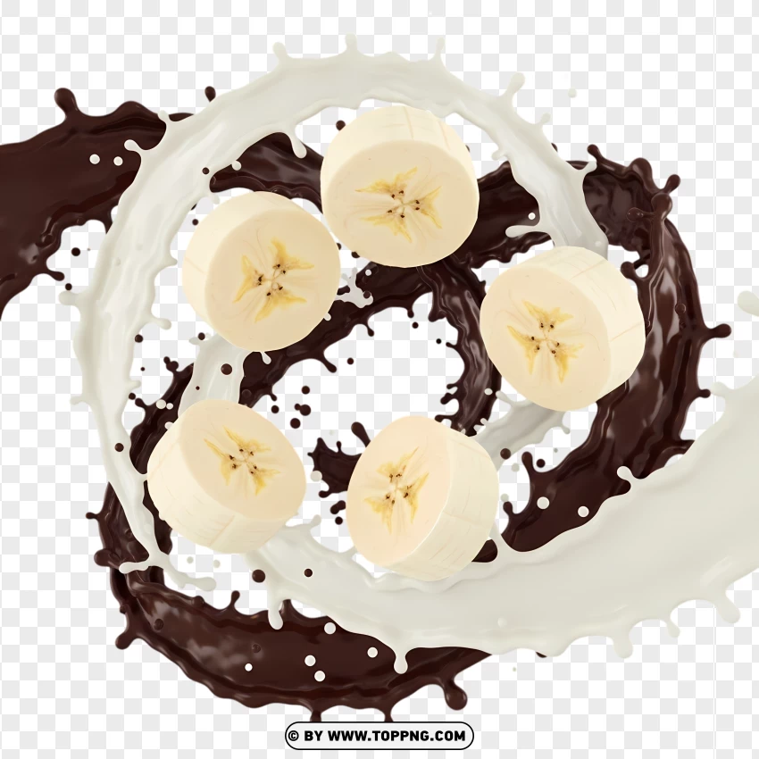 Milk And Chocolate Splash With Flying Banana PNG Transparent Background