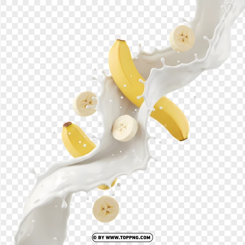 Milk Splash With Floating Banana Slices PNG Transparent Background
