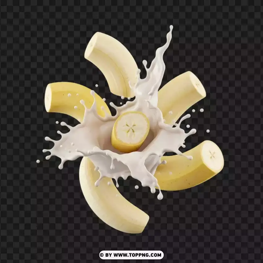 Milk Splash With Flying Banana Slices PNG Transparent Background
