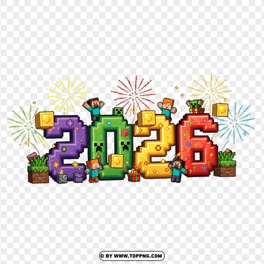 Minecraft Pixel Art 2026 New Year Typography PNG Transparent Background