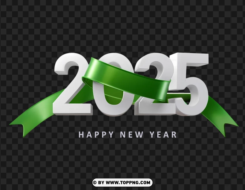 Modern 2025 White And Green Ribbon Happy New Year Design PNG Transparent Background