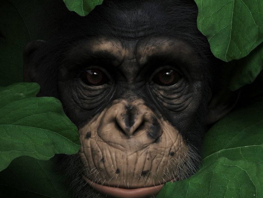 monkey, muzzle, leaves, portrait, 3d