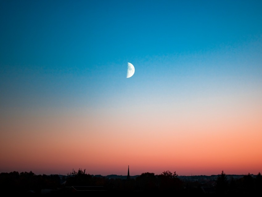 moon, evening, city, sky, horizon