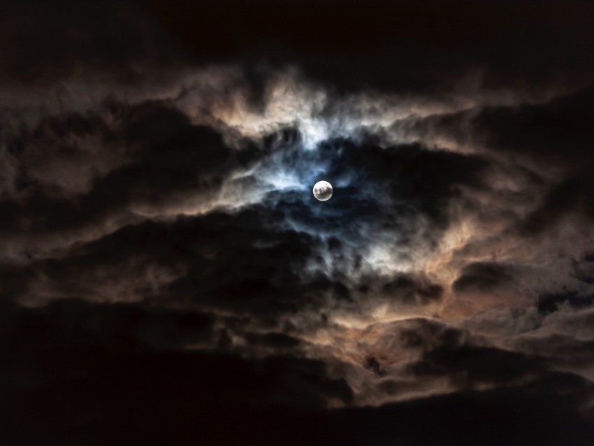 moon, full moon, clouds, night, overcast