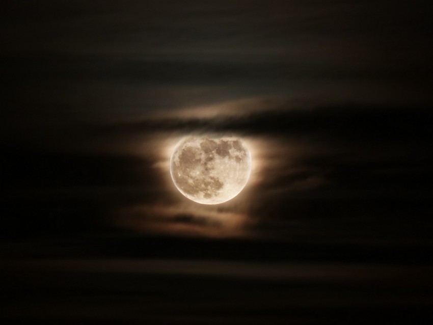 moon, full moon, eclipse, night, sky, clouds, dark