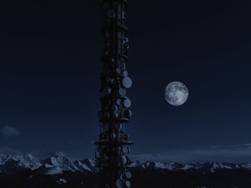 moon, night, space, station, satellites, tower