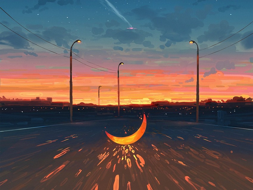 moon, road, art, illusion