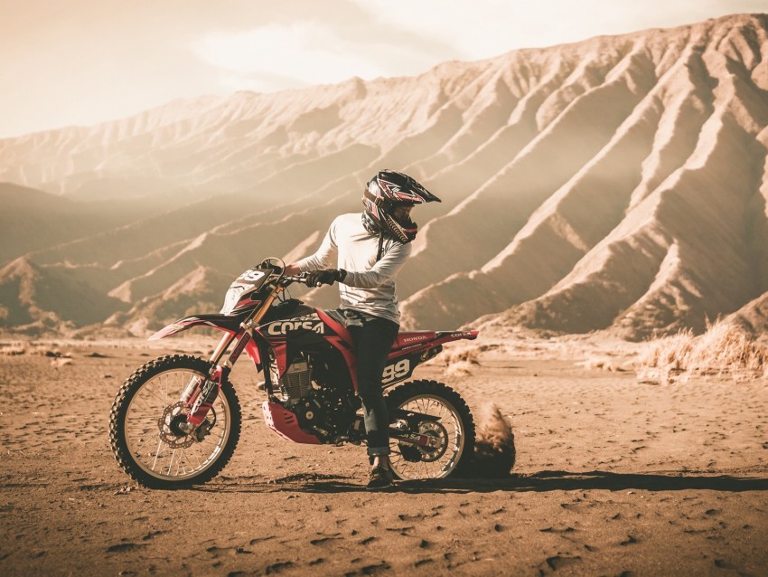 motorcycle, cross, motorcyclist, mountains, off-road, sand, helmet