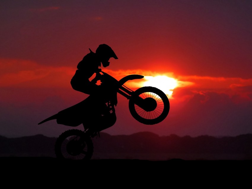 motorcycle, motorcyclist, cross, stunt, silhouette, sunset