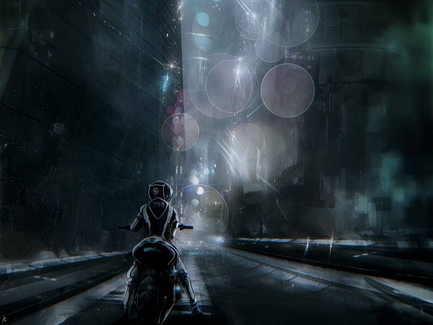 motorcyclist, futurism, city, cyberpunk