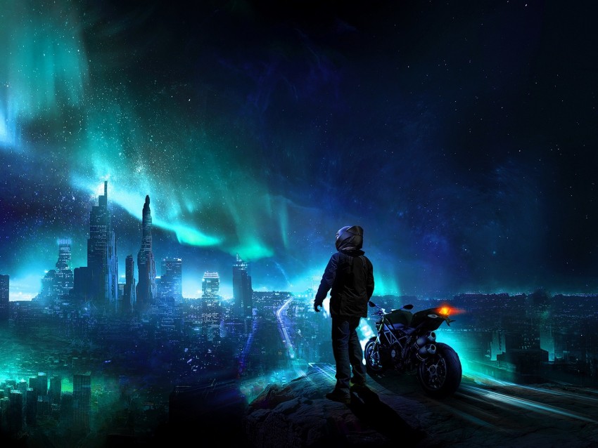 motorcyclist, night, starry sky, art