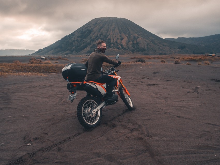 motorcyclist, sand, volcano, motorcycle, indonesia