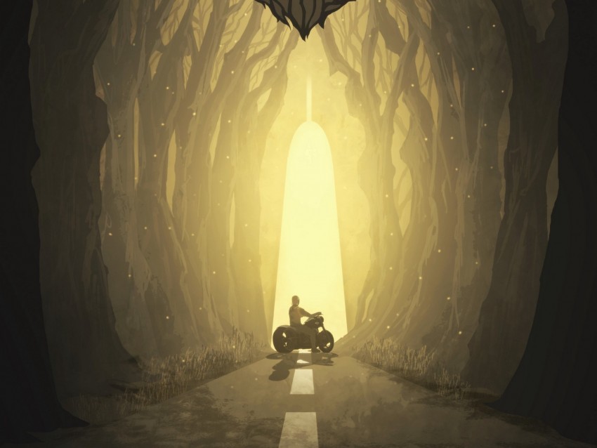 motorcyclist, silhouette, art, forest, fantastic, wolf, muzzle