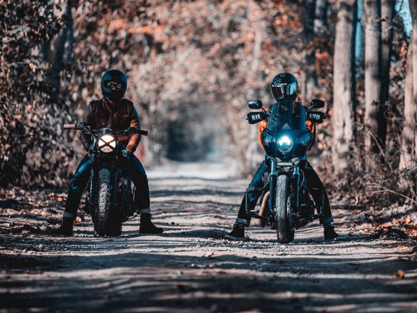 motorcyclists, bikers, bike, motorcycle, forest, road