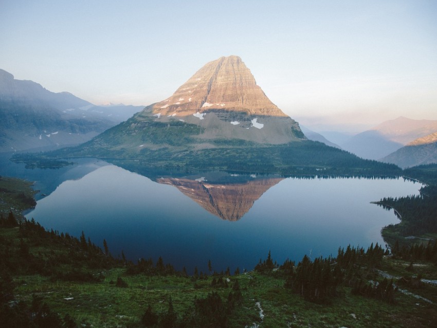 mountain, lake, reflection, top