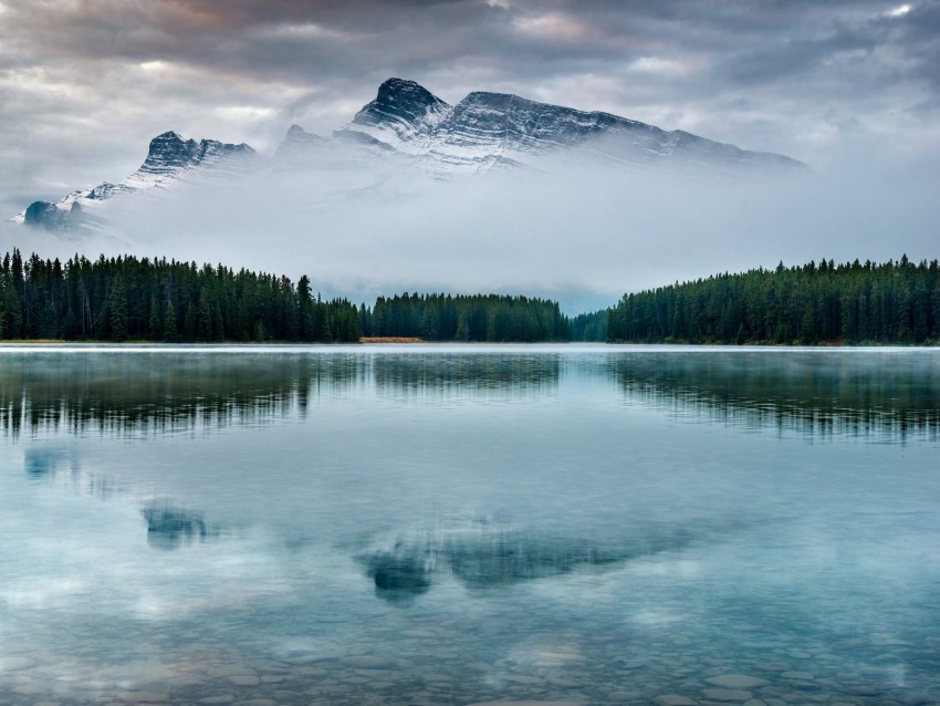 mountain, lake, trees, reflection, sky, peak