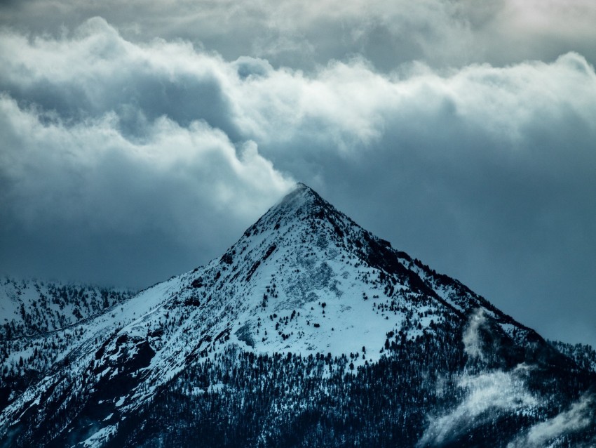 mountain, peak, clouds, snow, trees, slope