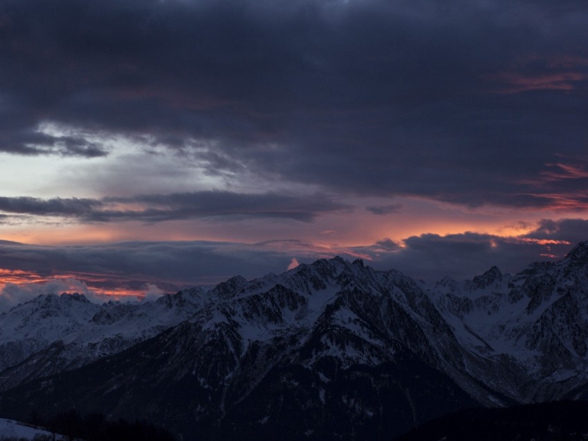 mountain, peak, clouds, snowy, sunset, night