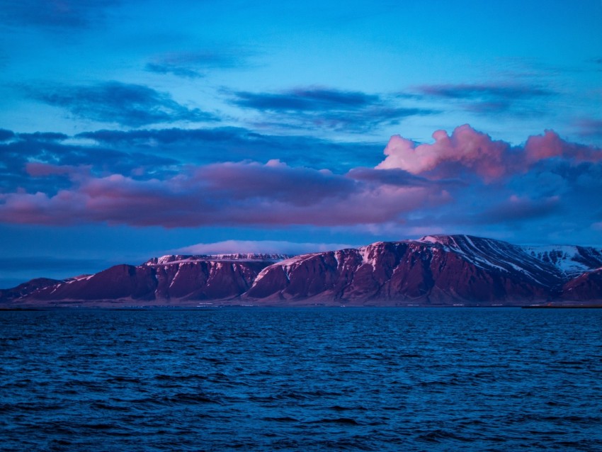 mountain, sea, clouds, purple, iceland