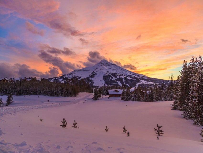 mountain, snow, winter, sunset, montana
