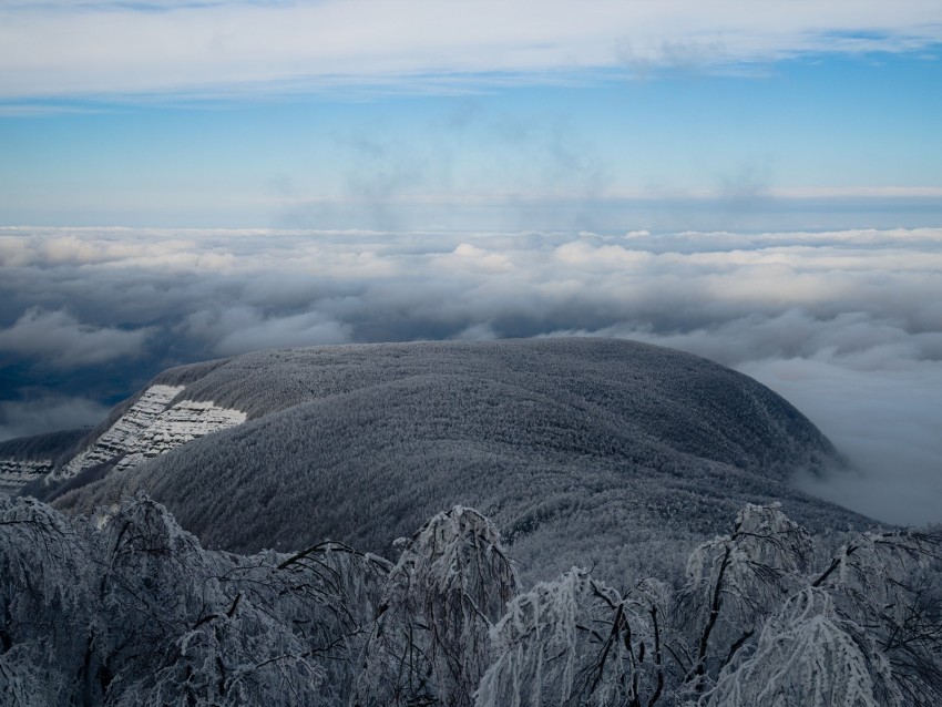 mountain, winter, clouds, frost, peak, sky