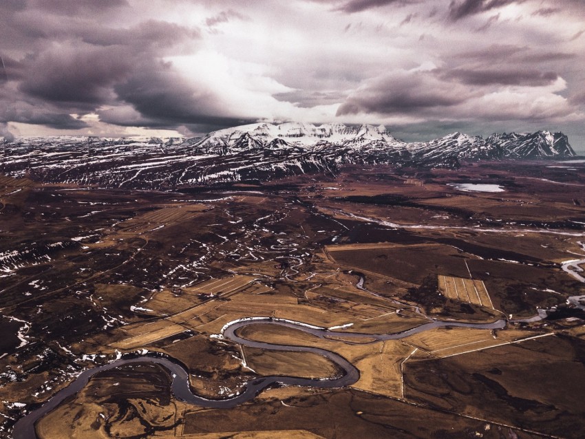 mountains, aerial view, road, snow, winter, iceland