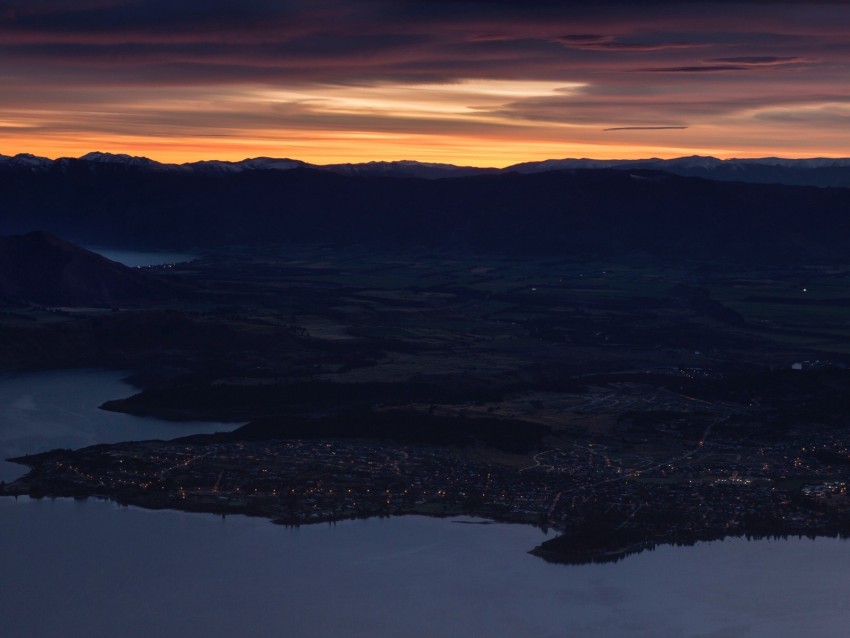 mountains, aerial view, sunset, city, new zealand