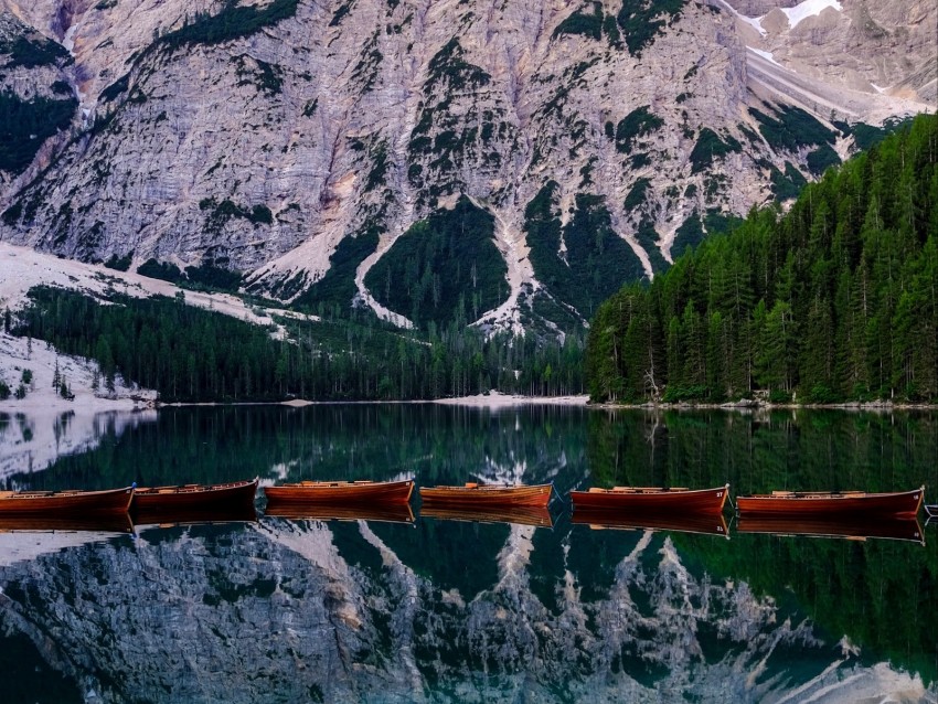 mountains, boats, reflection, landscape