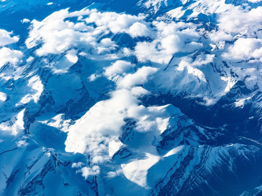 mountains, clouds, aerial view, peaks, snowy