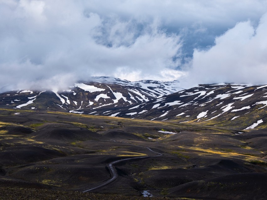 mountains, clouds, fog, snow, road, iceland