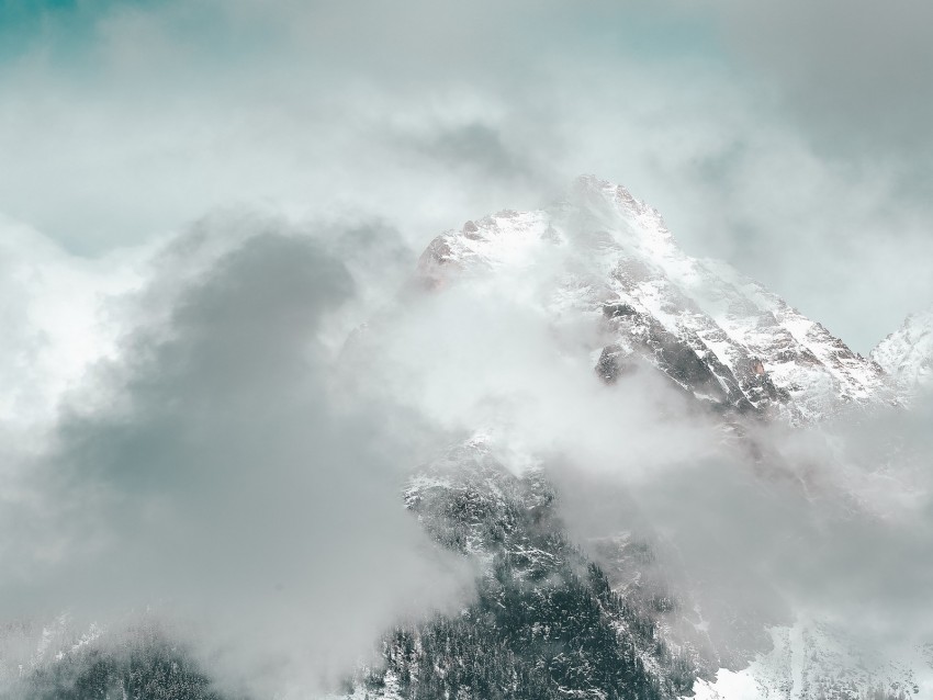 mountains, clouds, peak, forest, slope, snowy