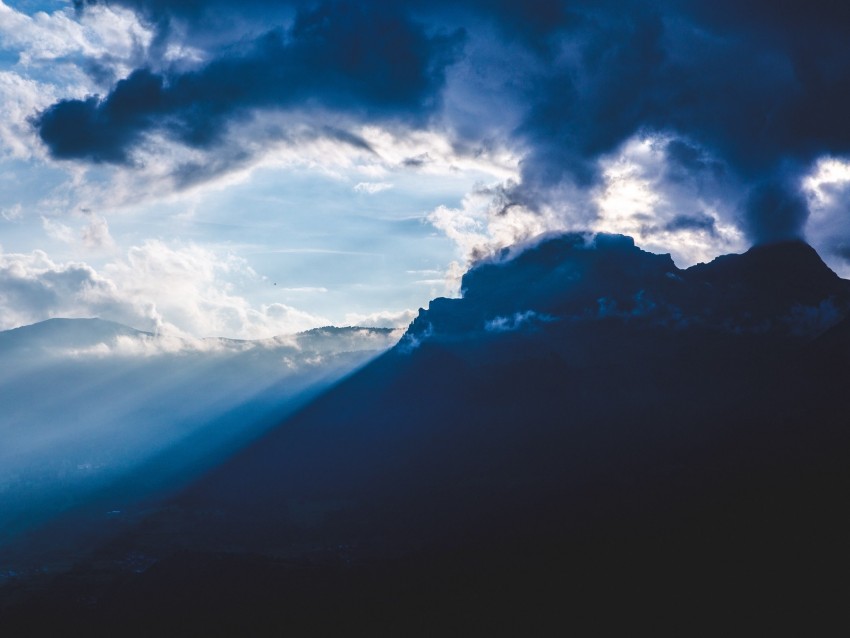 mountains, clouds, rays, fog, foothill, dark
