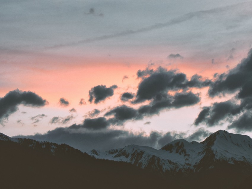 mountains, clouds, sky, sunset, peak