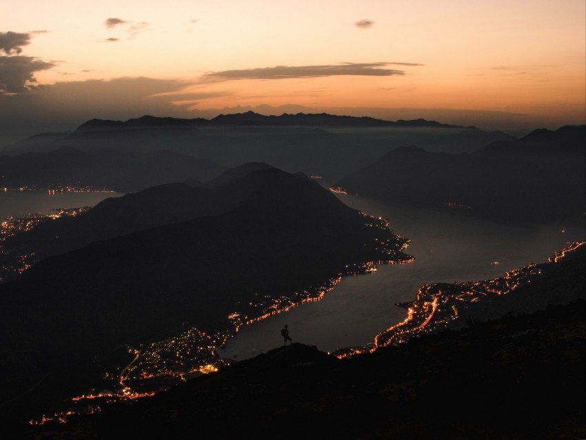 mountains, coast, aerial view, city, night, lights