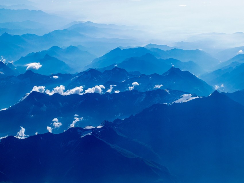 mountains, fog, aerial view, clouds, sky, blue