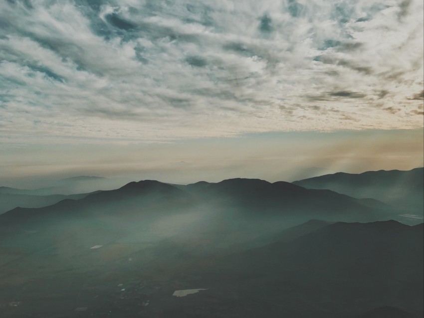 mountains, fog, aerial view, horizon, sky, clouds