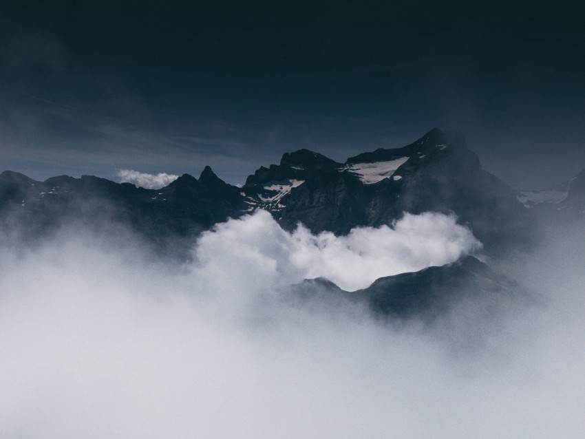 mountains, fog, clouds, peaks, height