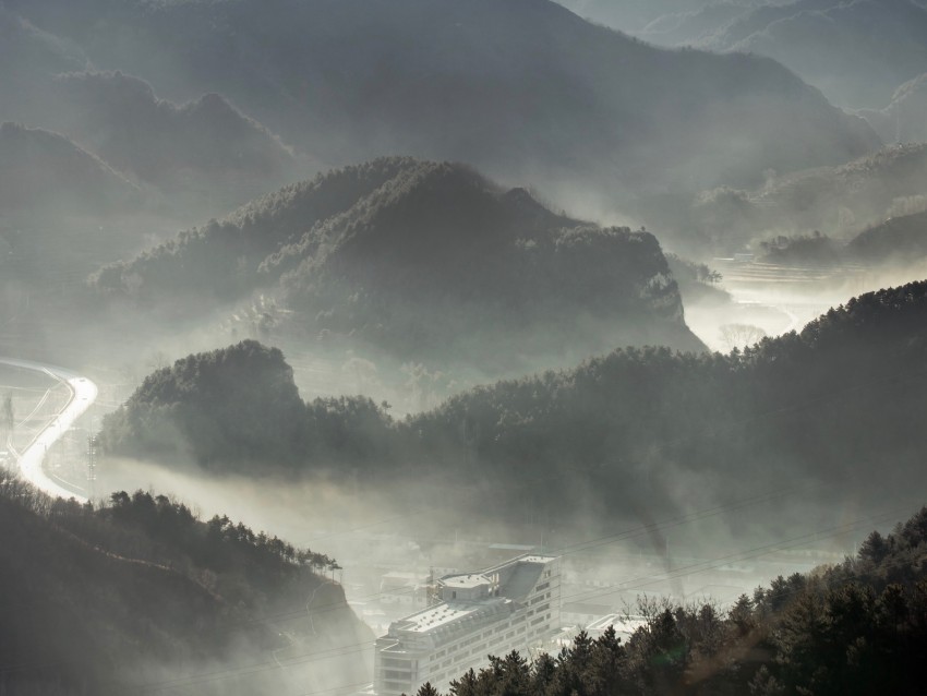 mountains, fog, forest, aerial view