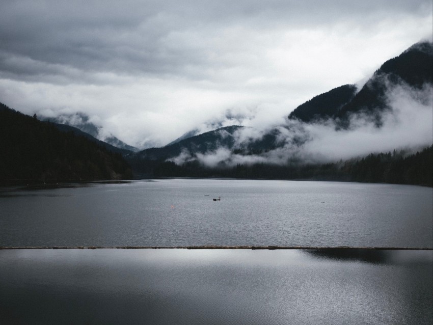 mountains, fog, lake, water, bw