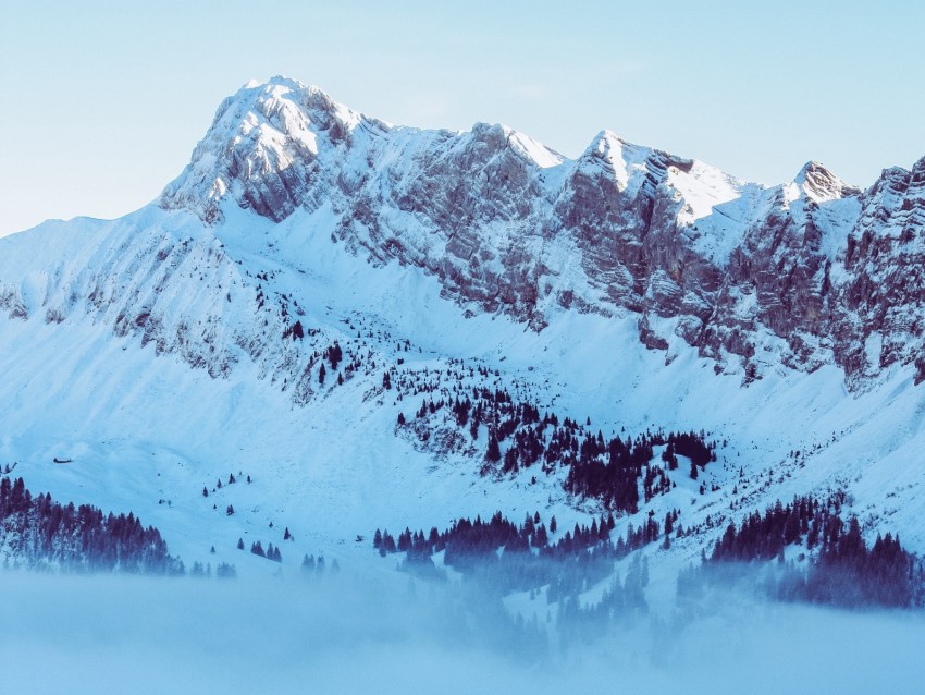 mountains, fog, peak, snow, snowy, twilight